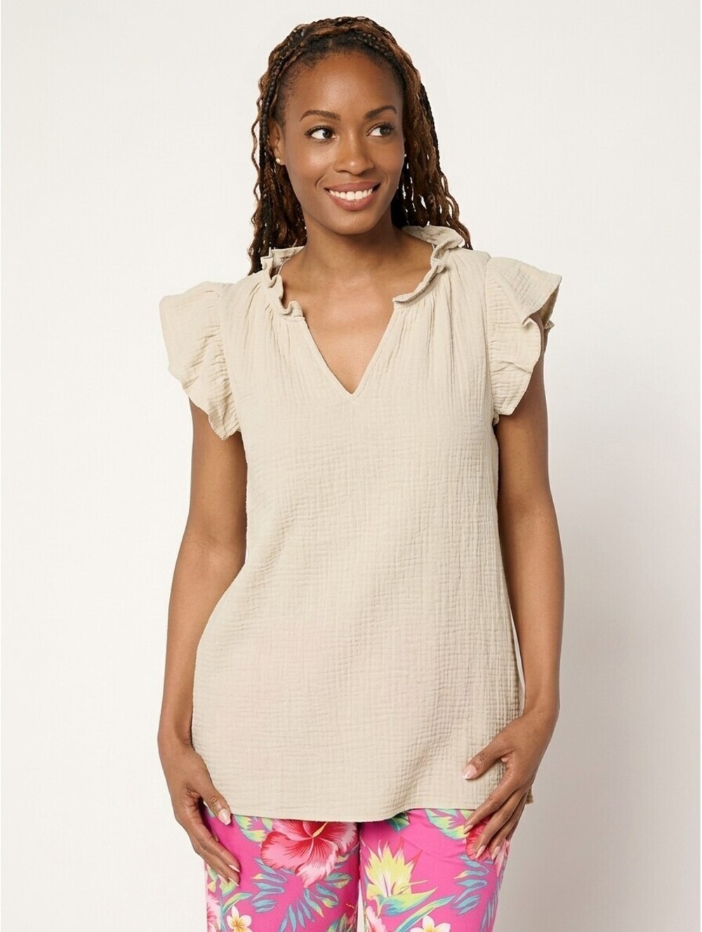 Belle Beach by Kim Gravel 100% Cotton Gauze Flounce Sleeve Top Sand Bar Medium
